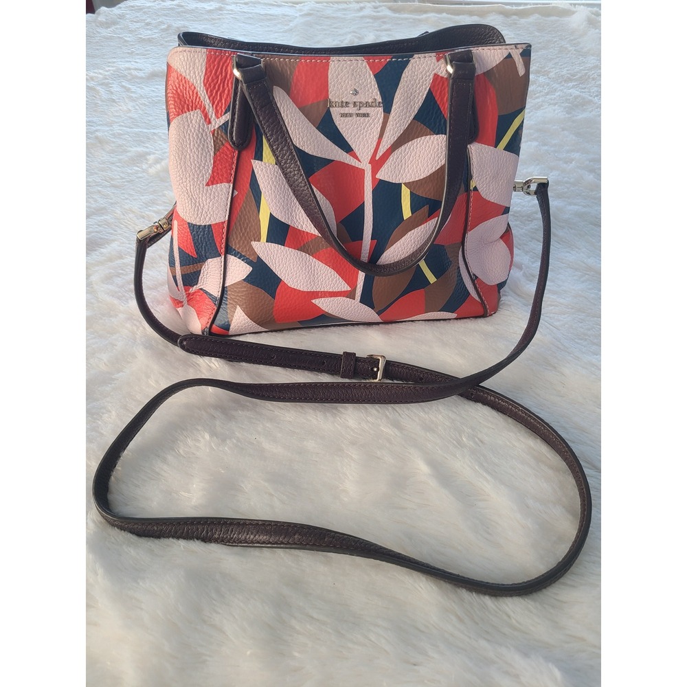 Kate Spade Tropical Toss Leaf Print Leather Satchel Crossbody Bag Multicolor